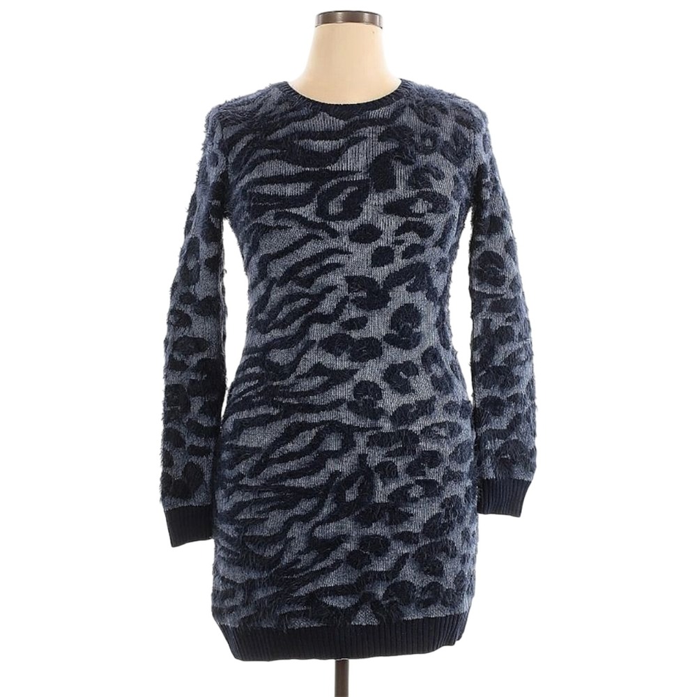 Boboli Sweater Dress Womens 16 Blue Animal Print Fuzzy Eyelash Knit Cozy Chic
